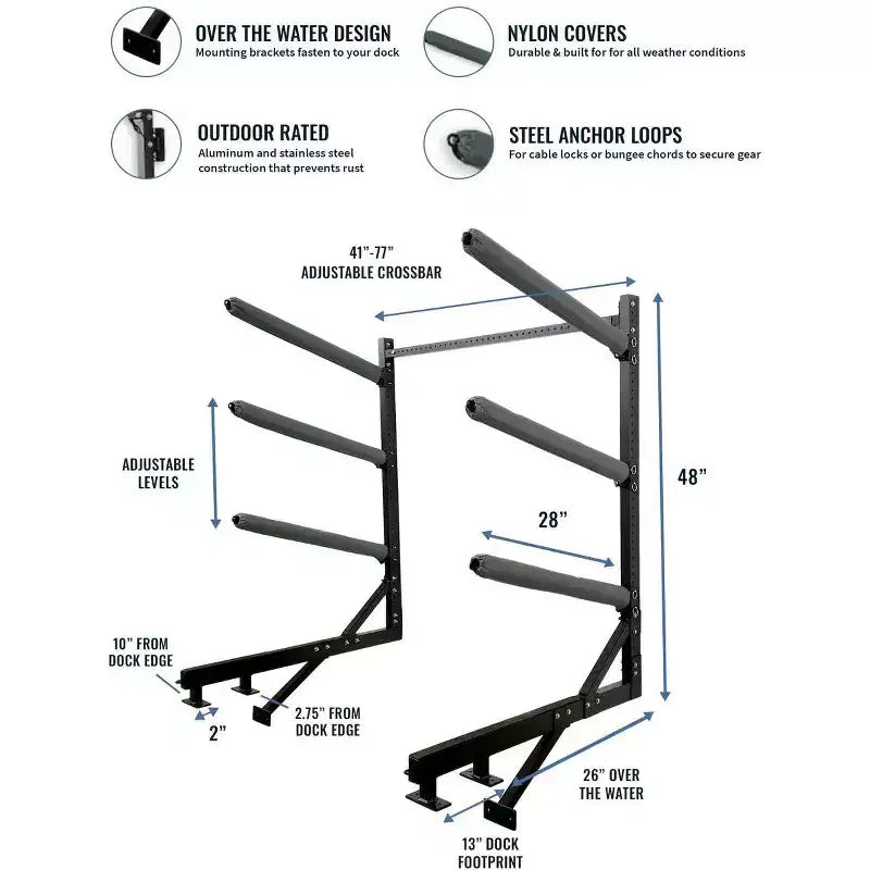 Rangement pour kayaks Chesapeake | Support de quai réglable | Au-dessus de l'eau | 4 niveaux