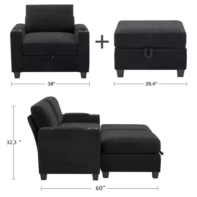 Fauteuil d'appoint en chenille avec pouf, fauteuil de canapé rembourré confortable avec accoudoirs pour salon et chambre