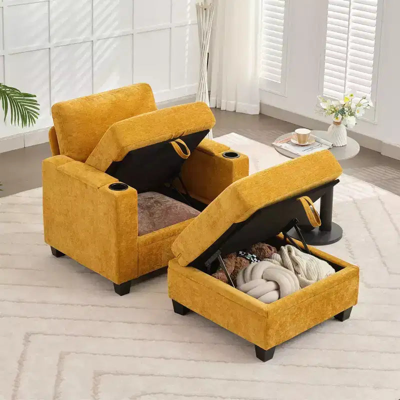 Fauteuil d'appoint en chenille avec pouf, fauteuil de canapé rembourré confortable avec accoudoirs pour salon et chambre