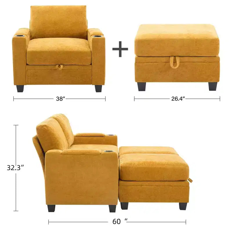 Fauteuil d'appoint en chenille avec pouf, fauteuil de canapé rembourré confortable avec accoudoirs pour salon et chambre