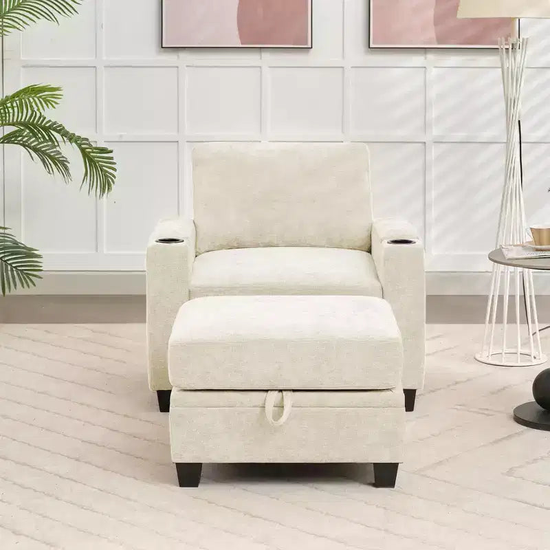 Fauteuil d'appoint en chenille avec pouf, fauteuil de canapé rembourré confortable avec accoudoirs pour salon et chambre