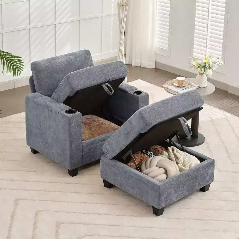 Fauteuil d'appoint en chenille avec pouf, fauteuil de canapé rembourré confortable avec accoudoirs pour salon et chambre
