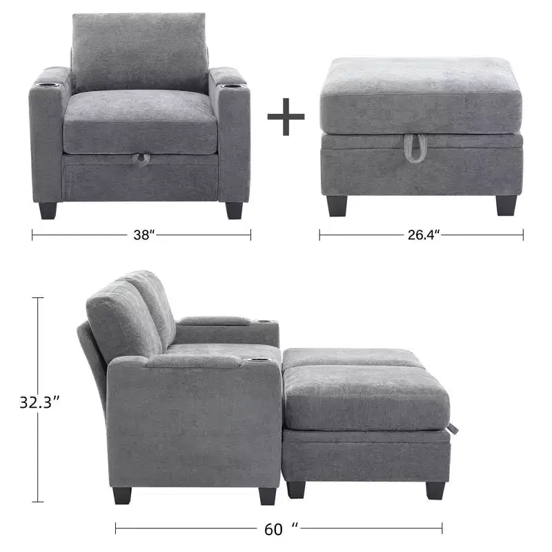 Fauteuil d'appoint en chenille avec pouf, fauteuil de canapé rembourré confortable avec accoudoirs pour salon et chambre