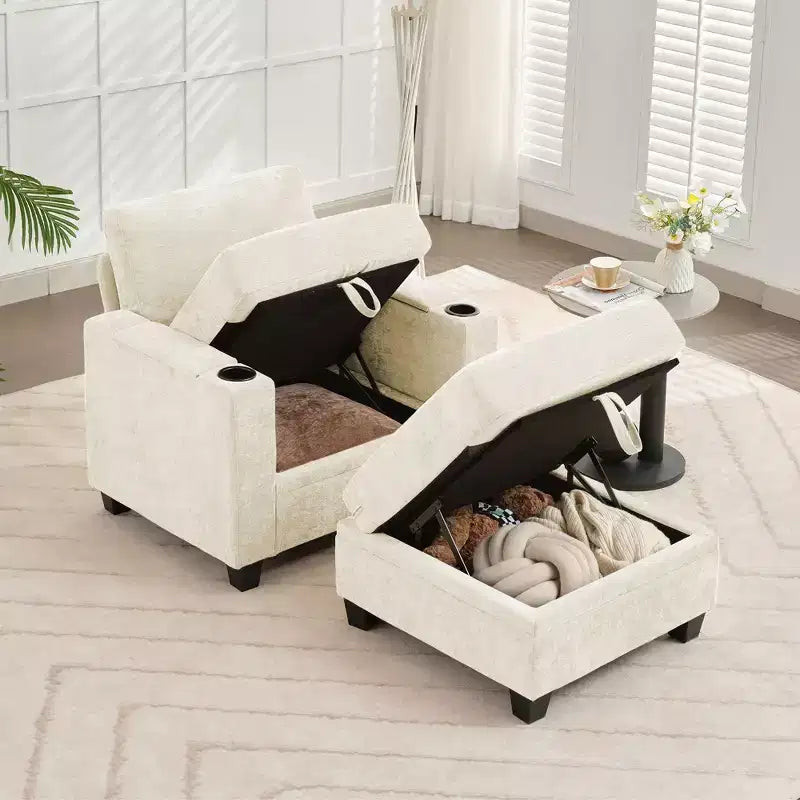 Fauteuil d'appoint en chenille avec pouf, fauteuil de canapé rembourré confortable avec accoudoirs pour salon et chambre