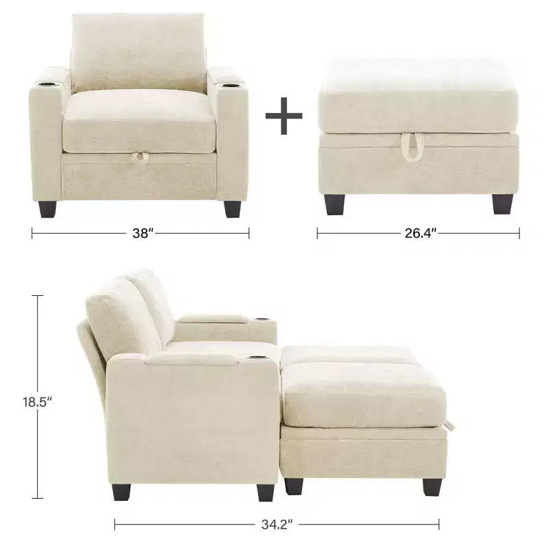 Fauteuil d'appoint en chenille avec pouf, fauteuil de canapé rembourré confortable avec accoudoirs pour salon et chambre