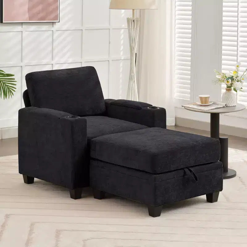 Fauteuil d'appoint en chenille avec pouf, fauteuil de canapé rembourré confortable avec accoudoirs pour salon et chambre