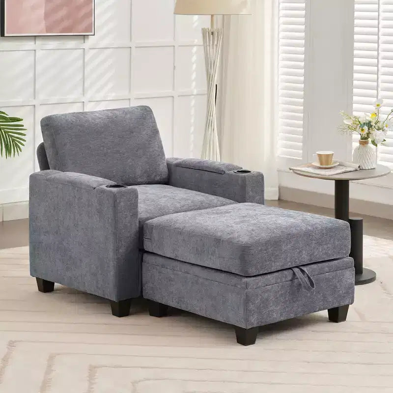Fauteuil d'appoint en chenille avec pouf, fauteuil de canapé rembourré confortable avec accoudoirs pour salon et chambre