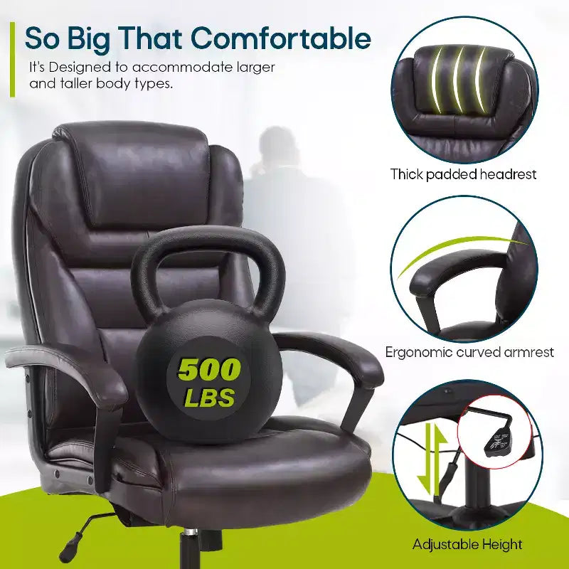 Grand fauteuil de bureau pour personnes fortes avec capacité de 225 kg et revêtement en cuir synthétique, chaise de bureau pour personnes corpulentes