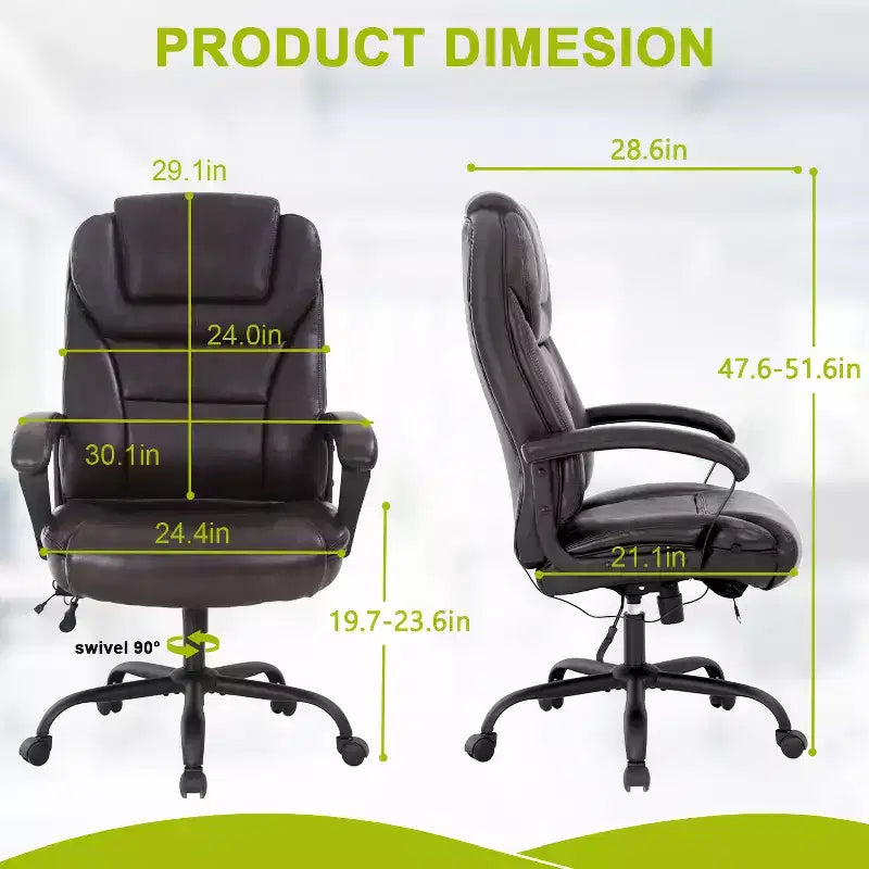 Grand fauteuil de bureau pour personnes fortes avec capacité de 225 kg et revêtement en cuir synthétique, chaise de bureau pour personnes corpulentes
