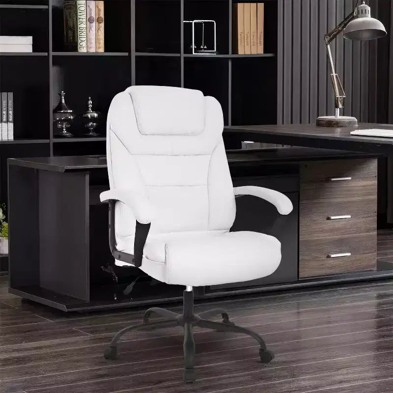 Grand fauteuil de bureau pour personnes fortes avec capacité de 225 kg et revêtement en cuir synthétique, chaise de bureau pour personnes corpulentes