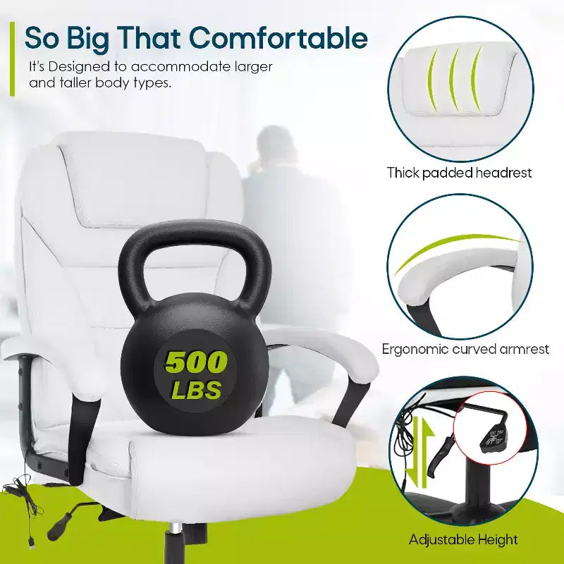 Grand fauteuil de bureau pour personnes fortes avec capacité de 225 kg et revêtement en cuir synthétique, chaise de bureau pour personnes corpulentes
