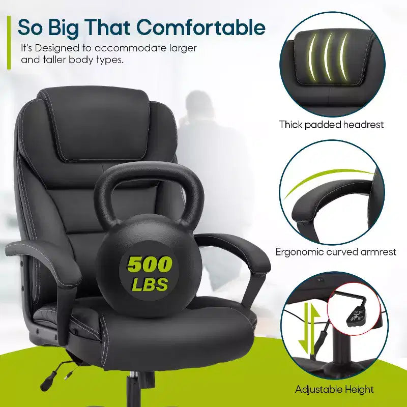 Grand fauteuil de bureau pour personnes fortes avec capacité de 225 kg et revêtement en cuir synthétique, chaise de bureau pour personnes corpulentes