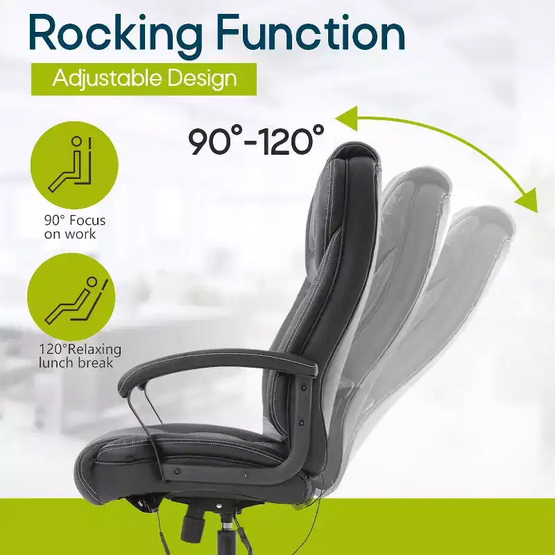 Grand fauteuil de bureau pour personnes fortes avec capacité de 225 kg et revêtement en cuir synthétique, chaise de bureau pour personnes corpulentes