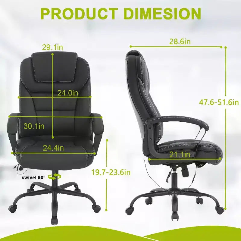 Grand fauteuil de bureau pour personnes fortes avec capacité de 225 kg et revêtement en cuir synthétique, chaise de bureau pour personnes corpulentes