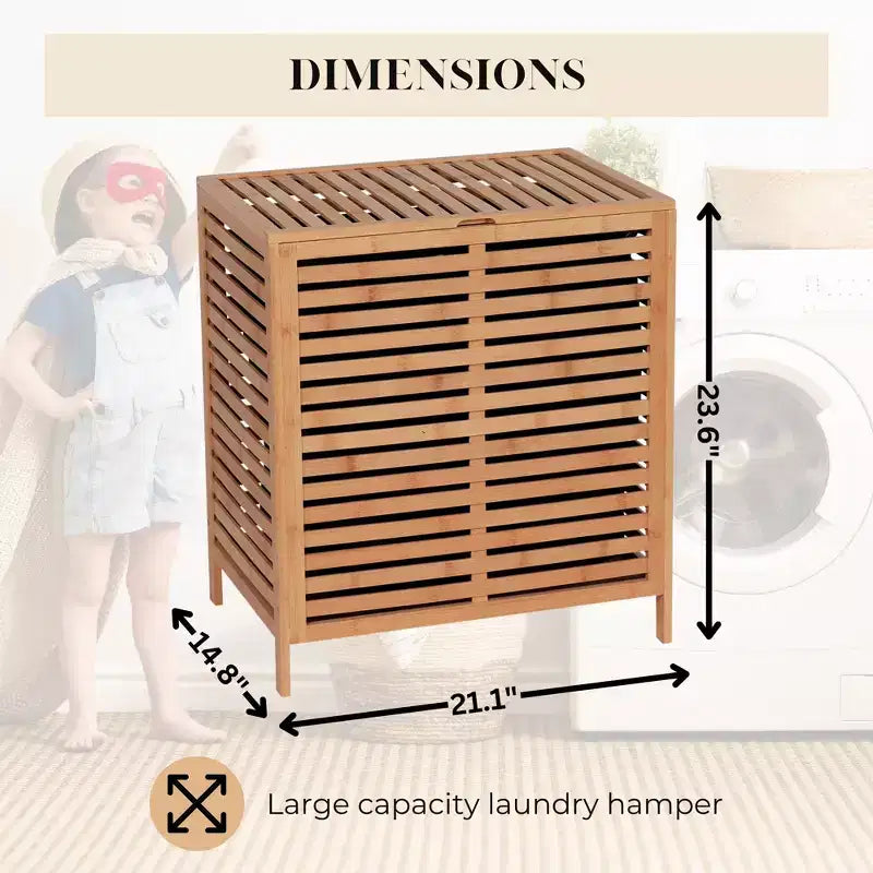 Panier à linge en bambou French Home Goods avec couvercle, sac amovible, design à ventilation à lattes, grand panier de rangement