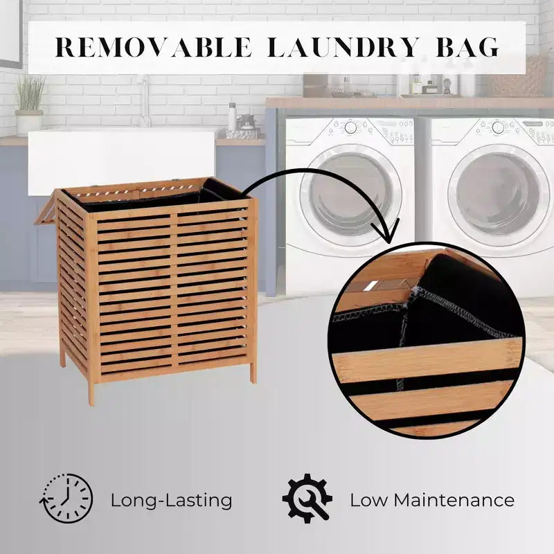 Panier à linge en bambou French Home Goods avec couvercle, sac amovible, design à ventilation à lattes, grand panier de rangement