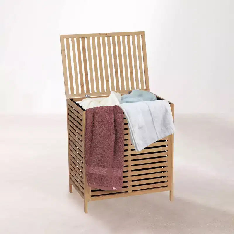 Panier à linge en bambou French Home Goods avec couvercle, sac amovible, design à ventilation à lattes, grand panier de rangement