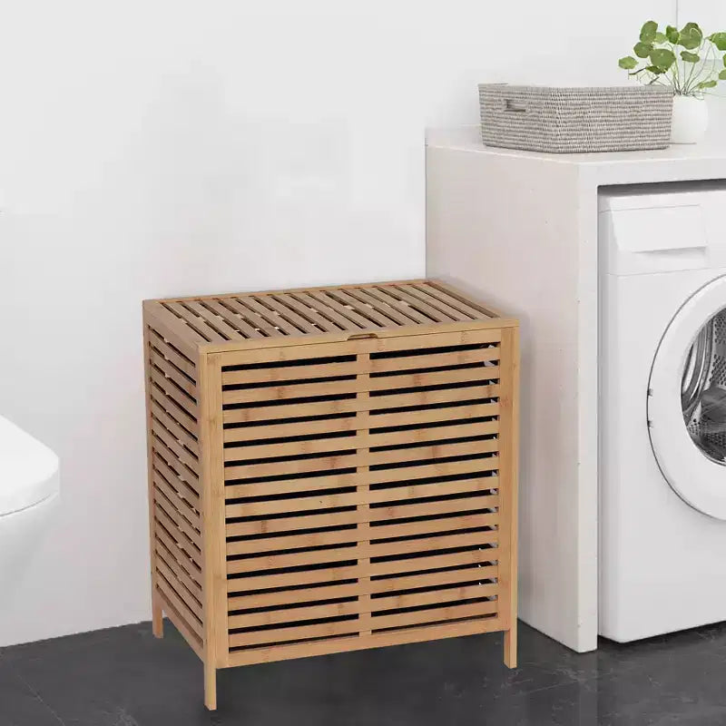 Panier à linge en bambou French Home Goods avec couvercle, sac amovible, design à ventilation à lattes, grand panier de rangement