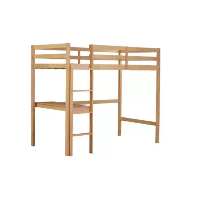 Lit mezzanine double surélevé, fabriqué en bois d'hévéa avec garde-corps sécurisé et bureau intégré.