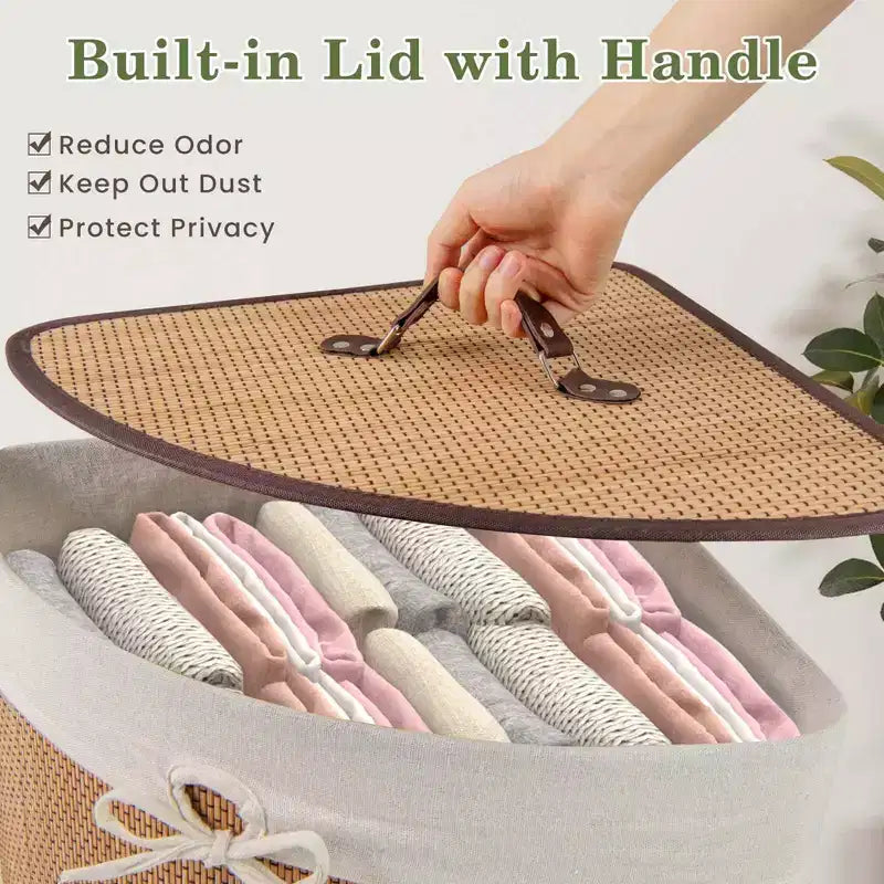 Panier à linge d'angle en bambou, bac à linge, sac de rangement en tissu, bambou