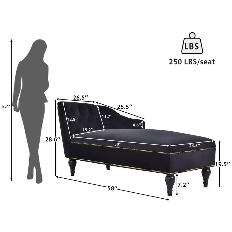 Canapé de type méridienne en velours de 147 cm, canapé-méridienne avec accoudoir droit, canapé convertible avec clous de tapissier et pieds massifs