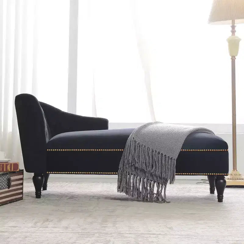 Canapé de type méridienne en velours de 147 cm, canapé-méridienne avec accoudoir droit, canapé convertible avec clous de tapissier et pieds massifs