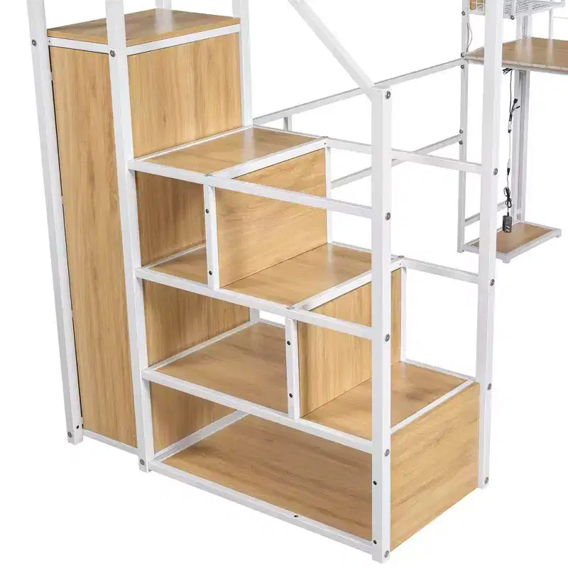 Lit mezzanine en métal de 239 cm (L) x 104 cm (l) avec poste de travail intégré, armoire, escalier de rangement et LED, sécurité garantie