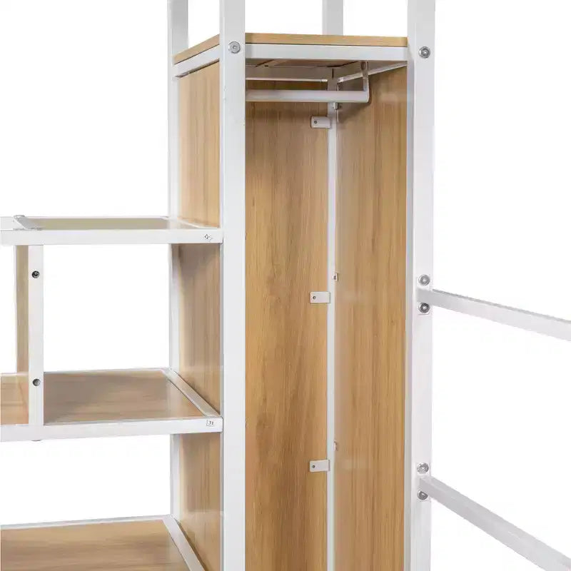 Lit mezzanine en métal de 239 cm (L) x 104 cm (l) avec poste de travail intégré, armoire, escalier de rangement et LED, sécurité garantie