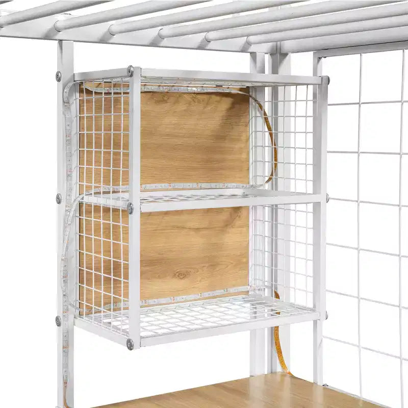 Lit mezzanine en métal de 239 cm (L) x 104 cm (l) avec poste de travail intégré, armoire, escalier de rangement et LED, sécurité garantie
