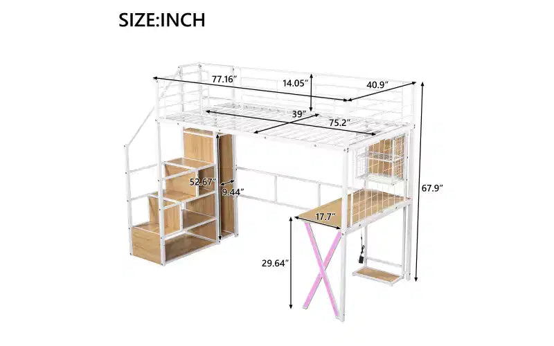Lit mezzanine en métal de 239 cm (L) x 104 cm (l) avec poste de travail intégré, armoire, escalier de rangement et LED, sécurité garantie