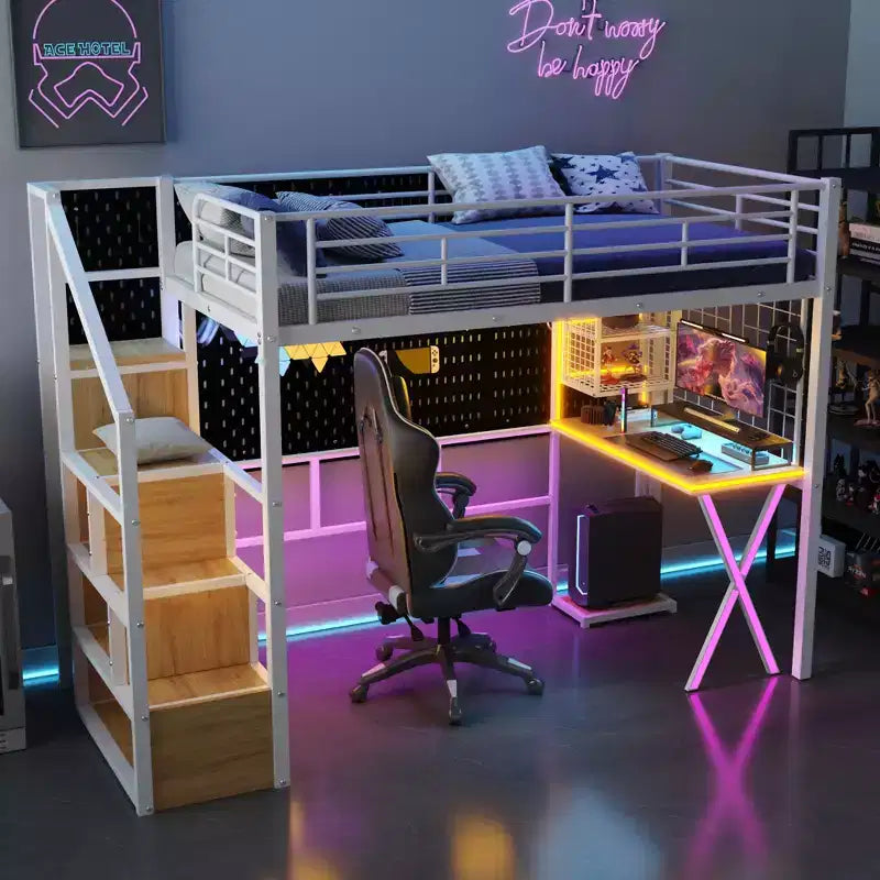 Lit mezzanine en métal de 239 cm (L) x 104 cm (l) avec poste de travail intégré, armoire, escalier de rangement et LED, sécurité garantie