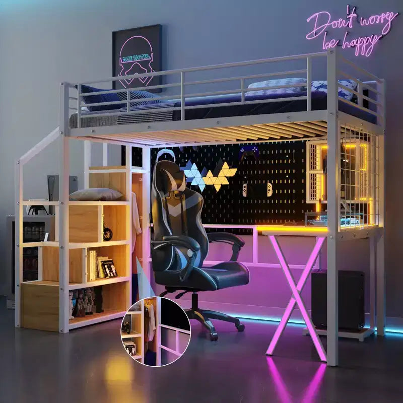 Lit mezzanine en métal de 239 cm (L) x 104 cm (l) avec poste de travail intégré, armoire, escalier de rangement et LED, sécurité garantie