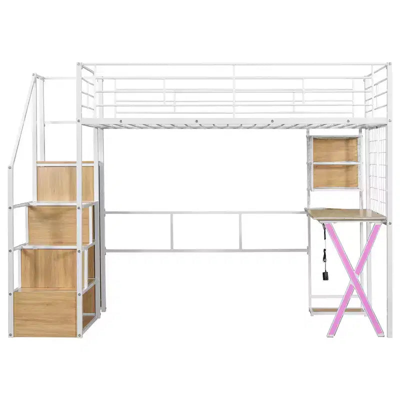 Lit mezzanine en métal de 239 cm (L) x 104 cm (l) avec poste de travail intégré, armoire, escalier de rangement et LED, sécurité garantie