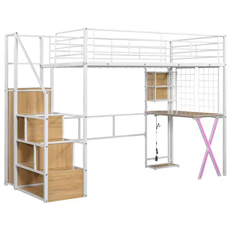 Lit mezzanine en métal de 239 cm (L) x 104 cm (l) avec poste de travail intégré, armoire, escalier de rangement et LED, sécurité garantie
