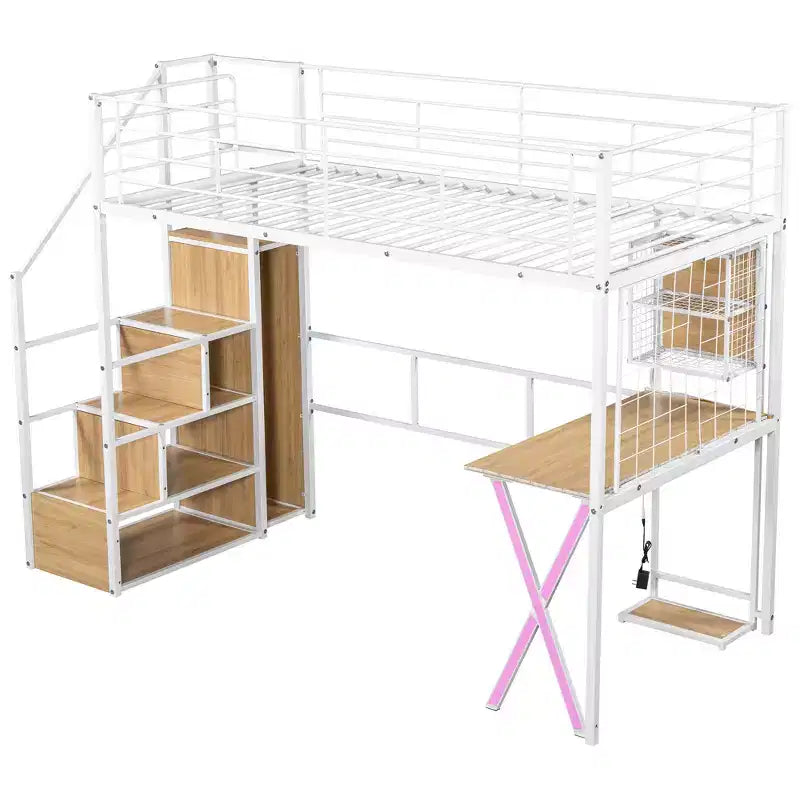 Lit mezzanine en métal de 239 cm (L) x 104 cm (l) avec poste de travail intégré, armoire, escalier de rangement et LED, sécurité garantie