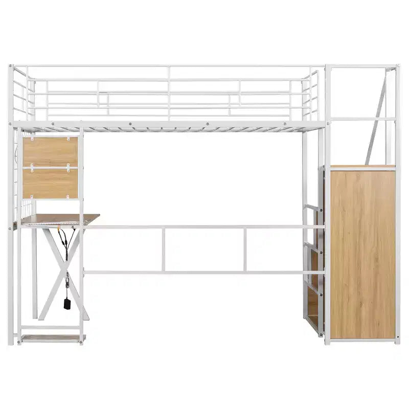 Lit mezzanine en métal de 239 cm (L) x 104 cm (l) avec poste de travail intégré, armoire, escalier de rangement et LED, sécurité garantie