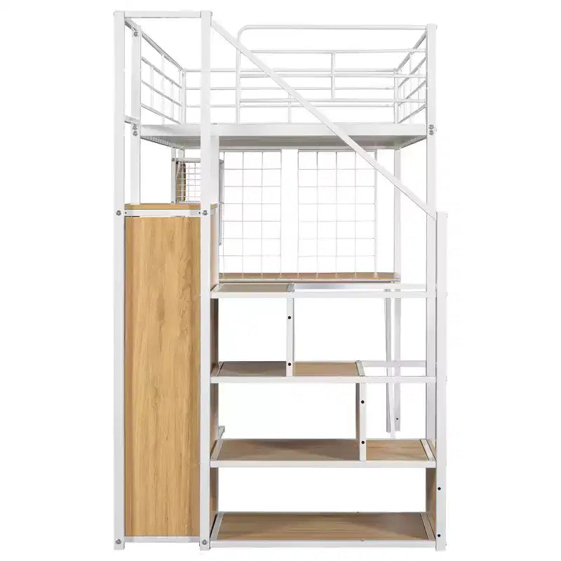 Lit mezzanine en métal de 239 cm (L) x 104 cm (l) avec poste de travail intégré, armoire, escalier de rangement et LED, sécurité garantie