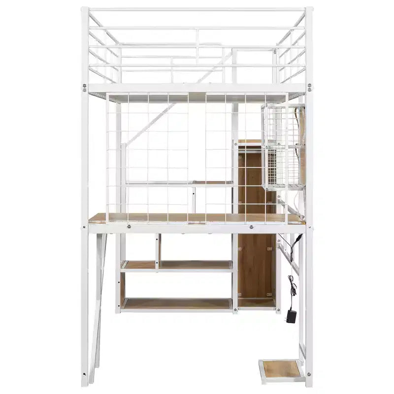Lit mezzanine en métal de 239 cm (L) x 104 cm (l) avec poste de travail intégré, armoire, escalier de rangement et LED, sécurité garantie