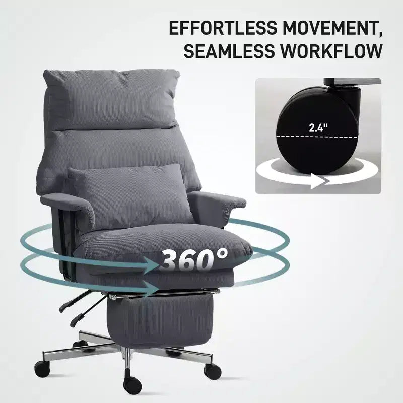 Fauteuil de bureau grand format avec dossier haut et support lombaire, repose-pieds, roulettes pivotantes, fauteuil inclinable pour ordinateur