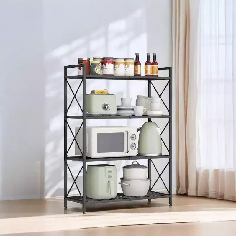 Étagère de rangement en métal noir encre à 4 niveaux avec cadres latéraux en X et mailles denses, mesurant 32 x 80 x 112,5 cm. Unité d'étagères idéale de style industriel.