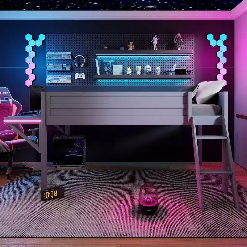 Lit mezzanine gaming double/complet, cadre de lit en bois avec bureau et LED, gris