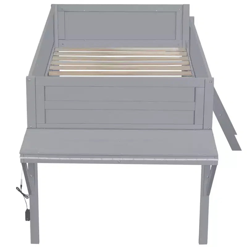 Lit mezzanine gaming double/complet, cadre de lit en bois avec bureau et LED, gris