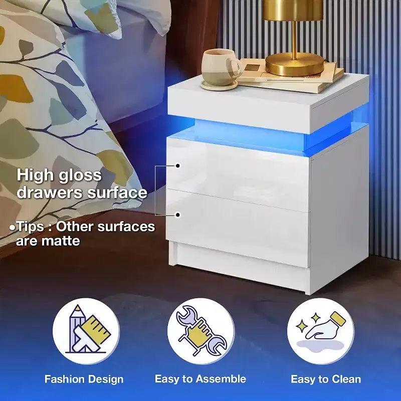 Table de chevet moderne à LED avec 2 tiroirs, finition brillante