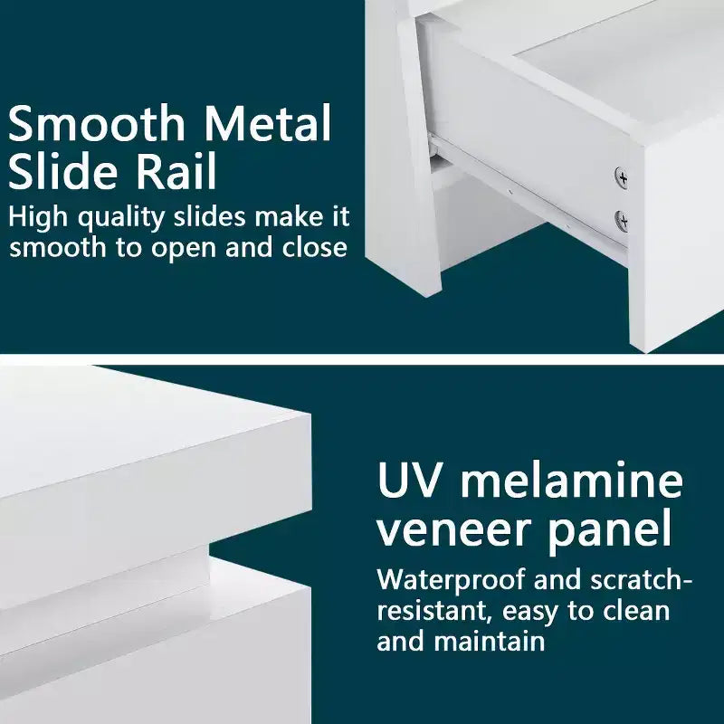 Table de chevet moderne à LED avec 2 tiroirs, finition brillante