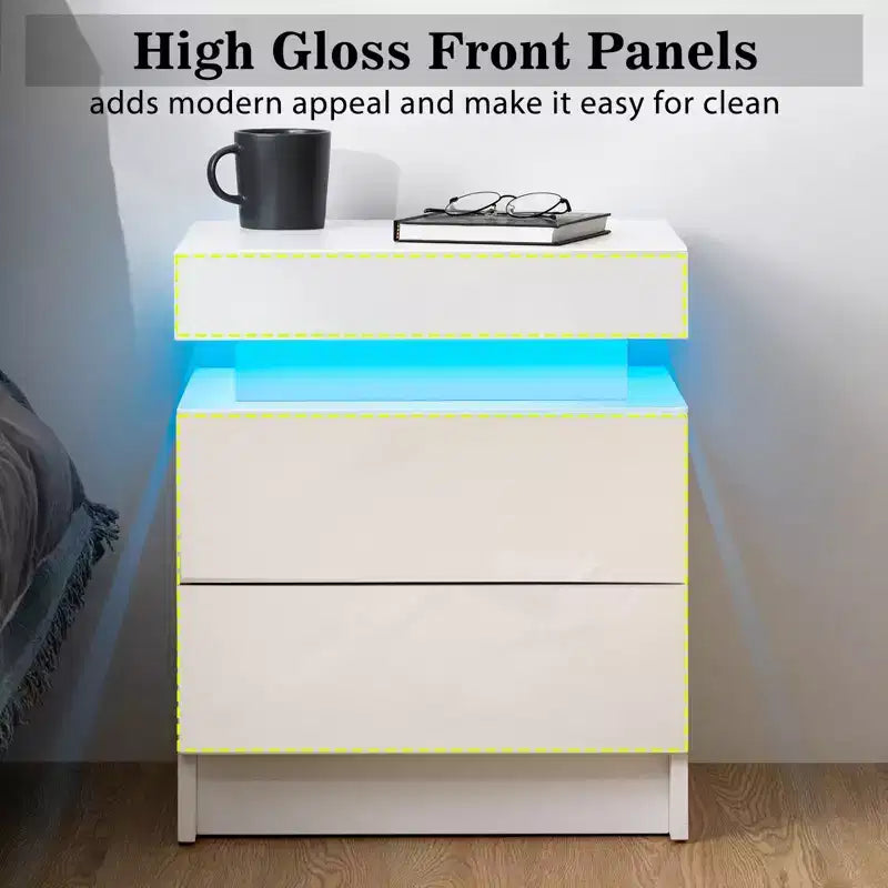 Table de chevet moderne à LED avec 2 tiroirs, finition brillante