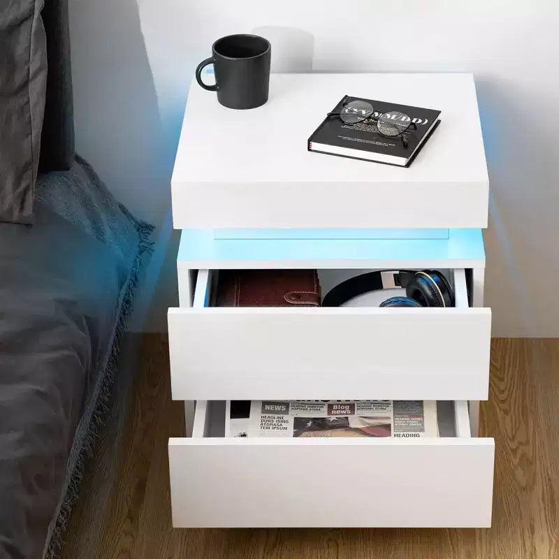 Table de chevet moderne à LED avec 2 tiroirs, finition brillante