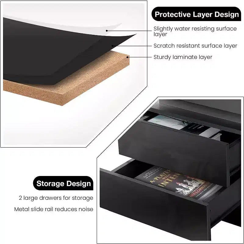 Table de chevet moderne à LED avec 2 tiroirs, finition brillante