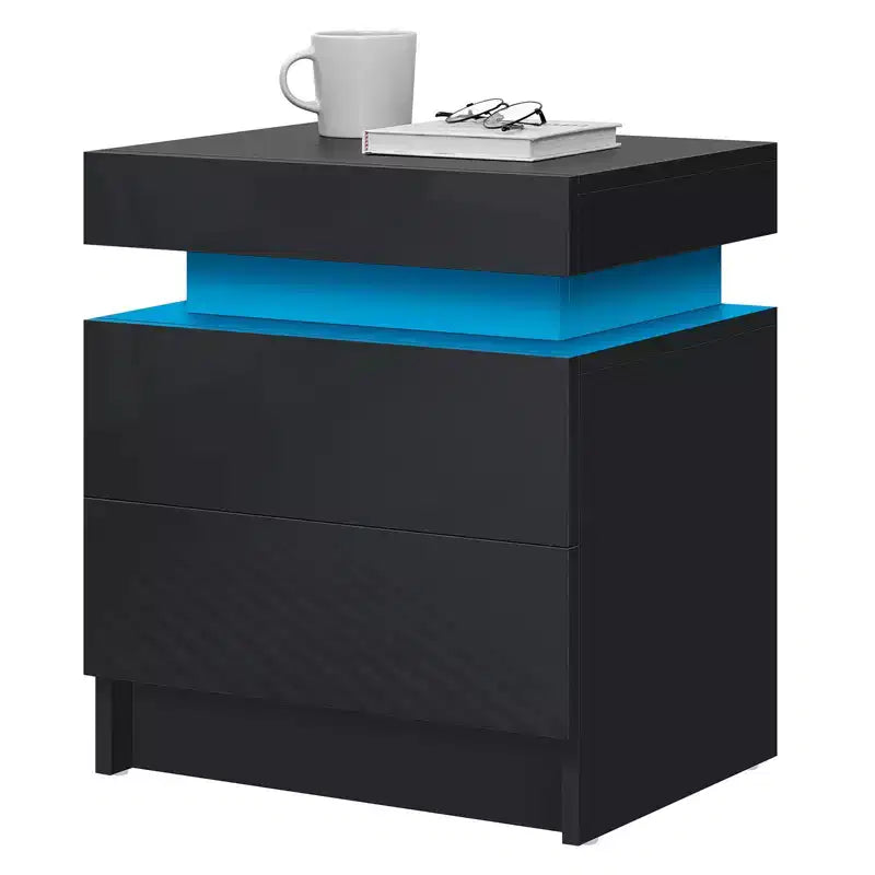 Table de chevet moderne à LED avec 2 tiroirs, finition brillante