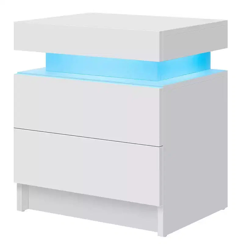 Table de chevet moderne à LED avec 2 tiroirs, finition brillante