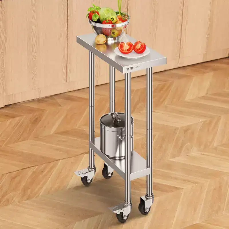 Table de Travail en Acier Inoxydable 24 x 12 x 38 Pouces, Capacité de Charge 500 LB avec 4 Roues, 3 Niveaux de Hauteur Réglables, Table de Préparation des Aliments Robuste